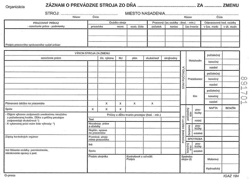 Záznam o prevádzke stroja bez prepisu