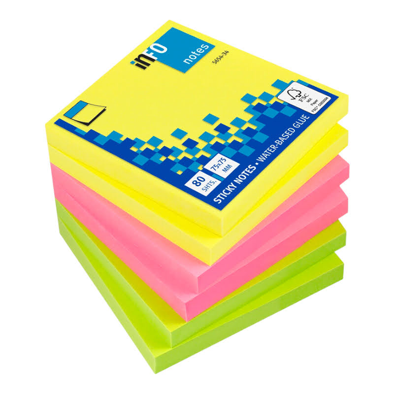 Samolepiaci blok Neon 75mm x 75mm MIX farieb 6kusov